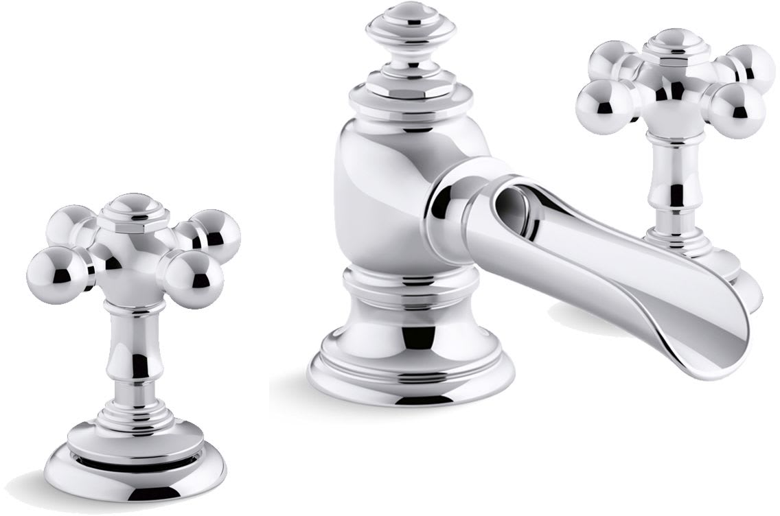 Artifacts Widespread Bathroom Faucet with Flume Spout and Cross Handles – Includes Metal Pop-Up Drain Assembly