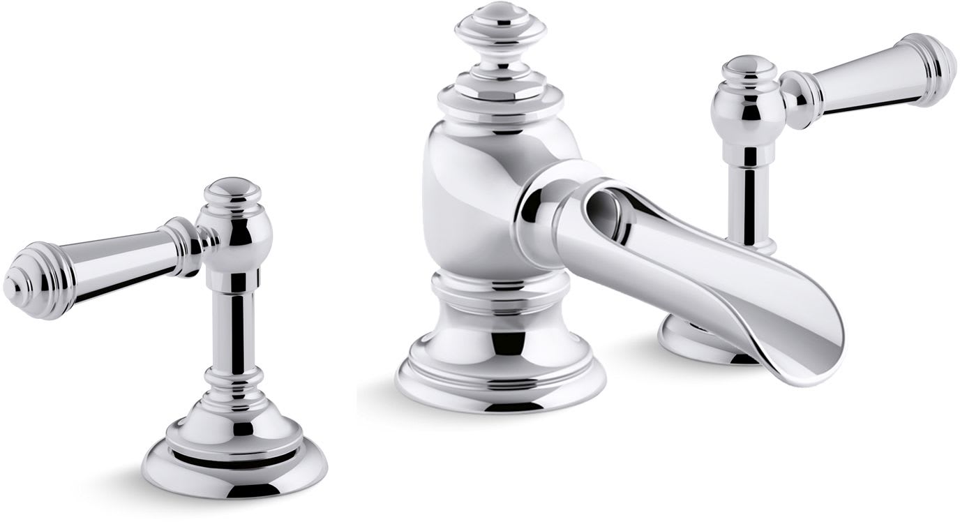 Artifacts Widespread Bathroom Faucet with Flume Spout and Lever Handles – Includes Metal Pop-Up Drain Assembly