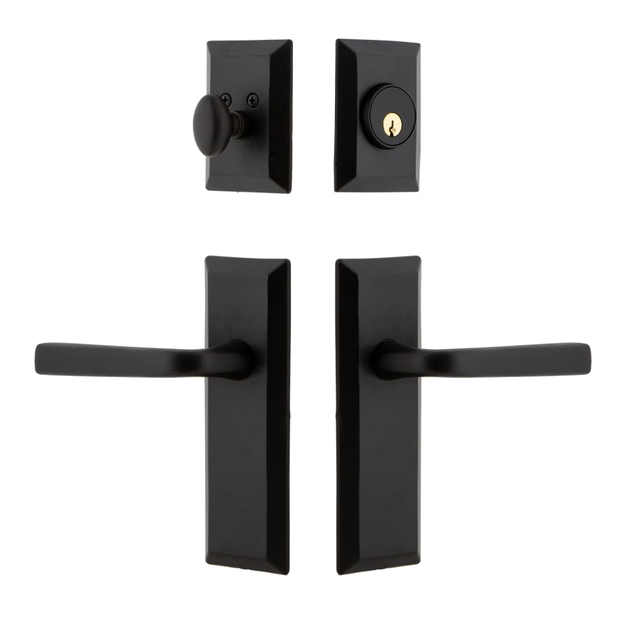 Vale Plate Black Iron Door Handleset Combo Pack with Lance Door Lever