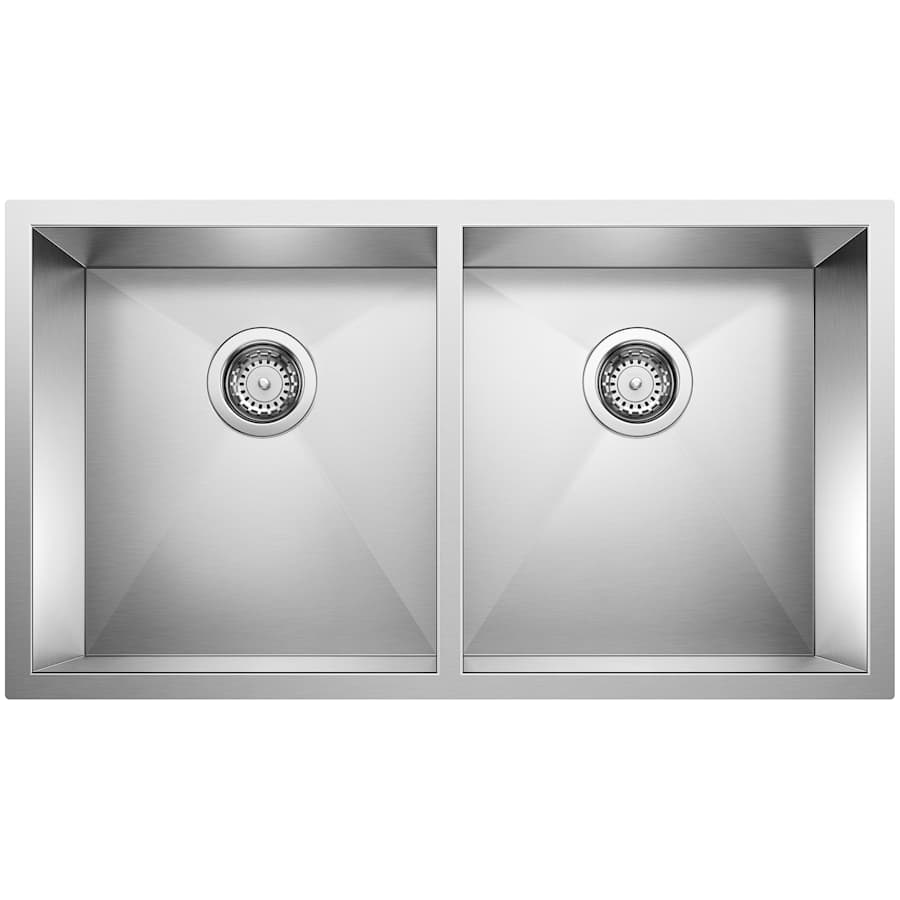 Blanco Precision Medium Equal Double Bowl Stainless Steel Kitchen Sink with Stylish Drain Grooves 29" x 18" Satin Polished
