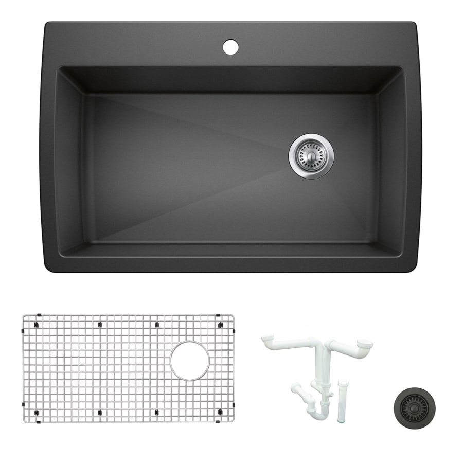 Blanco Diamond 33-1/2" Dual Mount Single Basin Granite Composite Kitchen Sink with Basin Rack and Basket Strainer Anthracite
