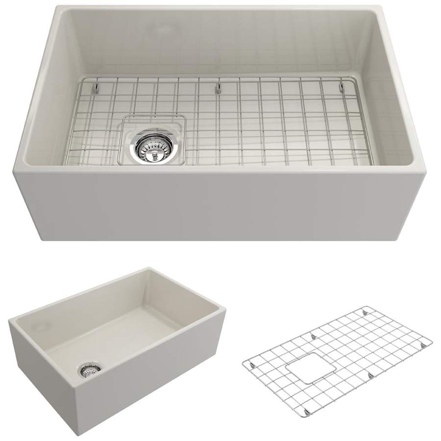 Finish: Bocchi Contempo 30" Farmhouse Single Basin Fireclay Kitchen Sink with Basin Rack and Basket Strainer Biscuit