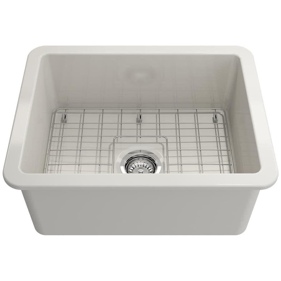 Bocchi Sotto 24" Undermount Single Basin Fireclay Kitchen Sink with Basin Rack and Basket Strainer Biscuit