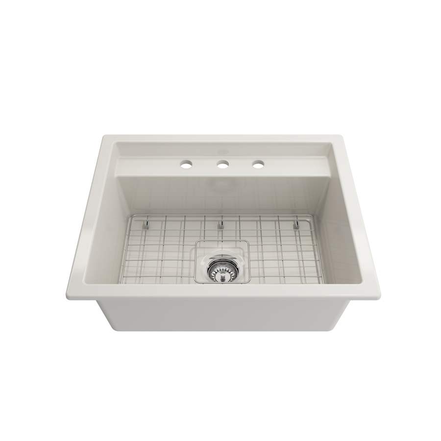 Bocchi Baveno 27" Undermount Single Basin Fireclay Kitchen Sink with Basin Rack, Basket Strainer, Colander, Cutting Board and 3 Predrill Faucet Holes Biscuit