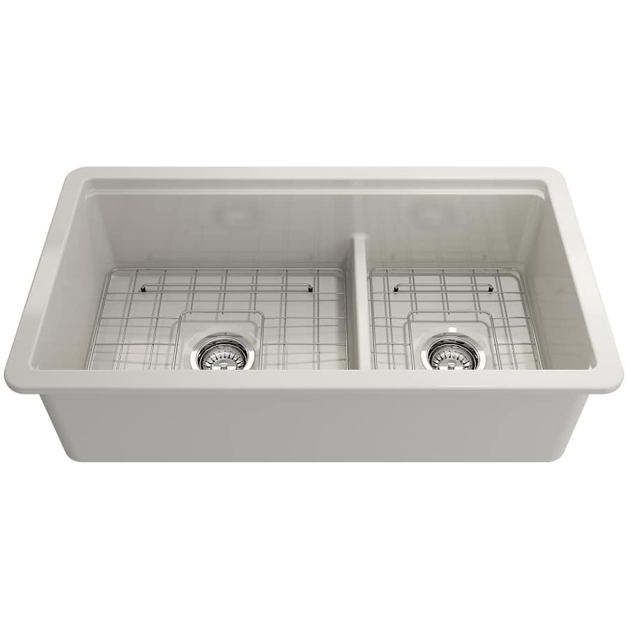 Finish: Bocchi Sotto Step-Rim 34" Undermount Double Basin Fireclay Kitchen Sink with Basin Rack, Basket Strainer, Colander and Cutting Board Biscuit