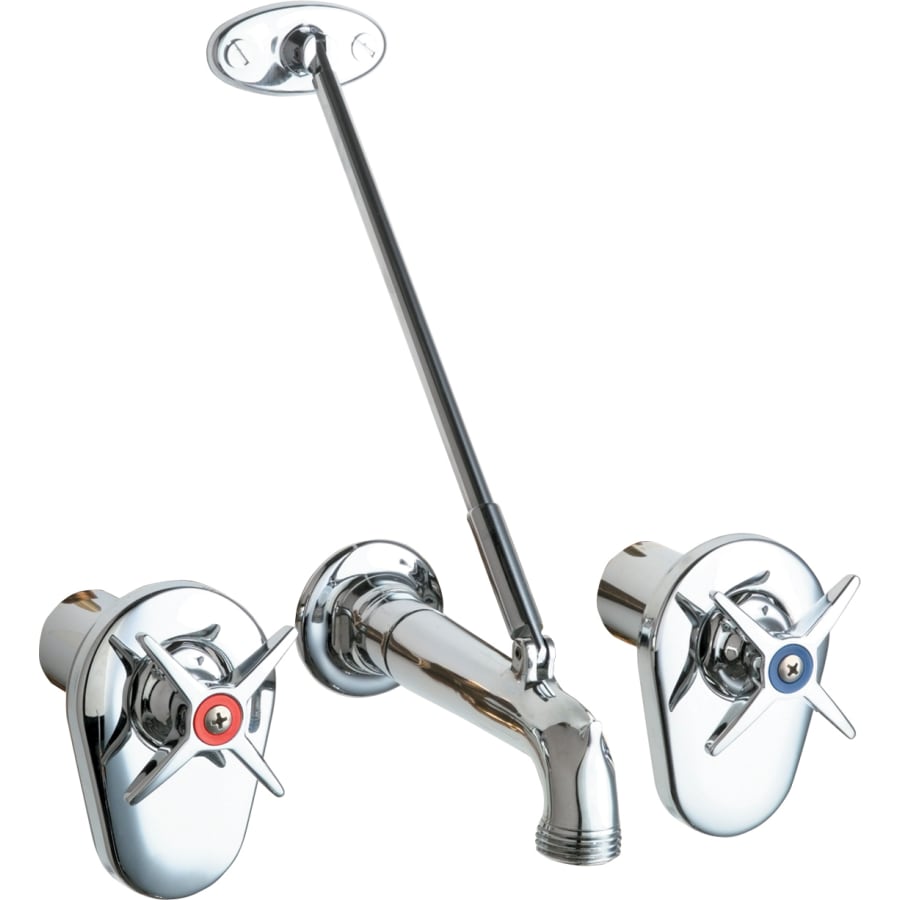 Chicago Faucets Wall Mounted Concealed Fitting Faucet with Rigid Spout, Tear Drop Escutcheons, Pail Hook, Wall Support, and Metal Cross Handles Chrome