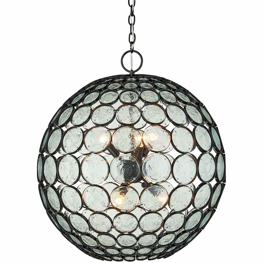 Currey and Company Etude 6 Light 28" Wide Wrought Iron Pendant with Recycled Glass Shade Clear / Satin Black