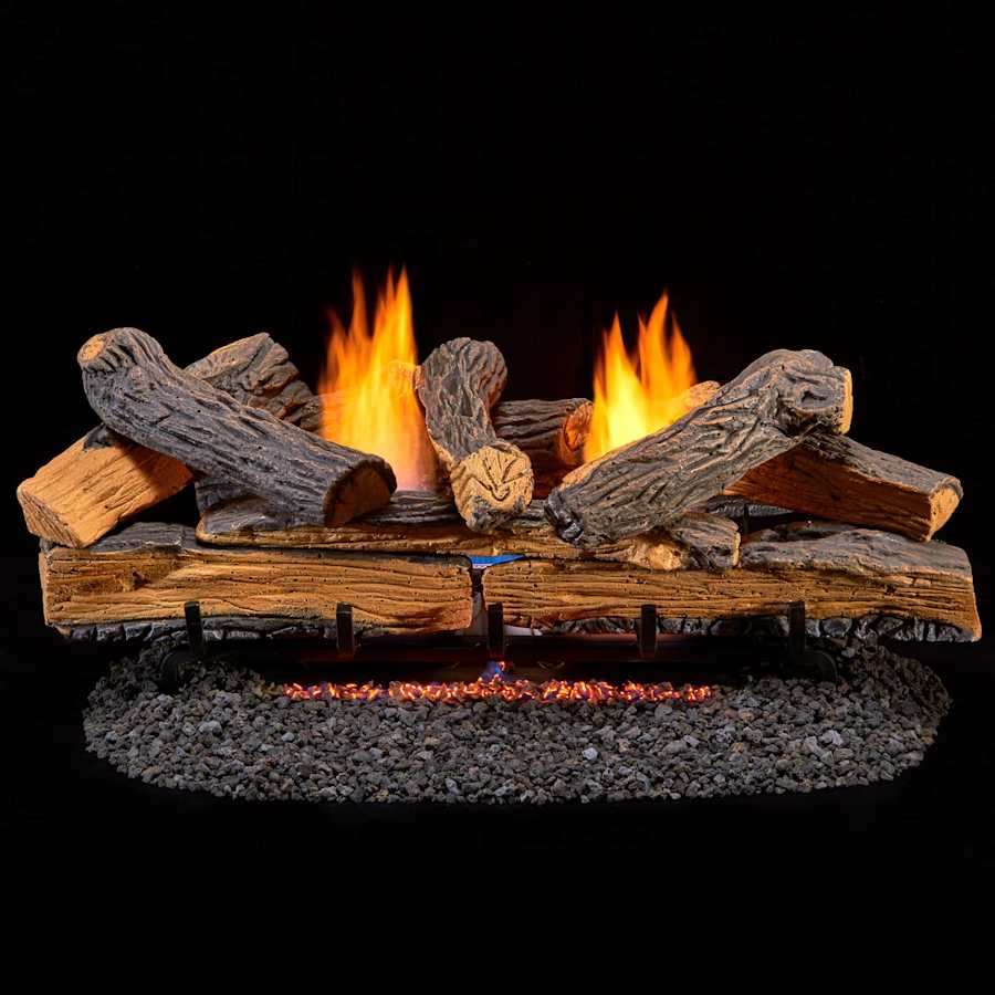 Duluth Forge 30 Inch 33,000 BTU Vent Free Dual Fuel Log Set Fireplace with Remote Control Berkshire Split Oak