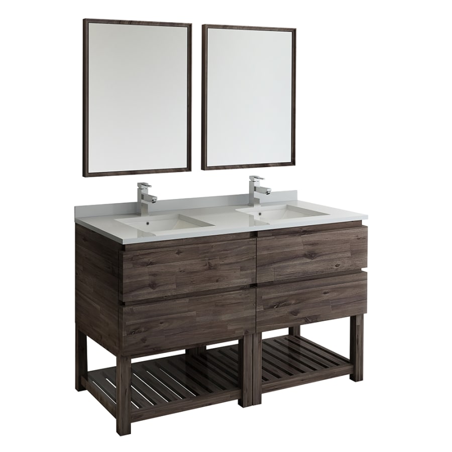 Fresca Formosa 60" Free Standing Double Basin Vanity Set with Cabinet, Quartz Vanity Top, Framed Mirrors, and Single Hole Faucets Acacia Wood