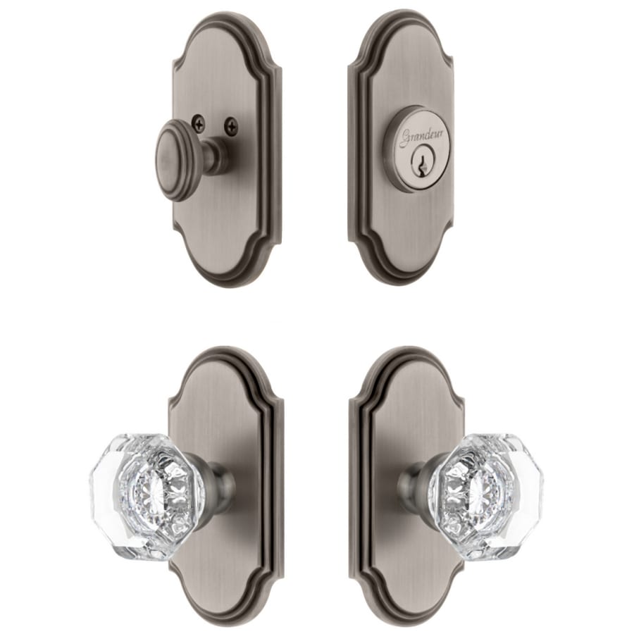 Grandeur Arc Solid Brass Single Cylinder Keyed Entry Knobset and Deadbolt Combo Pack with Chambord Crystal Knob and 2-3/8" Backset Antique Pewter