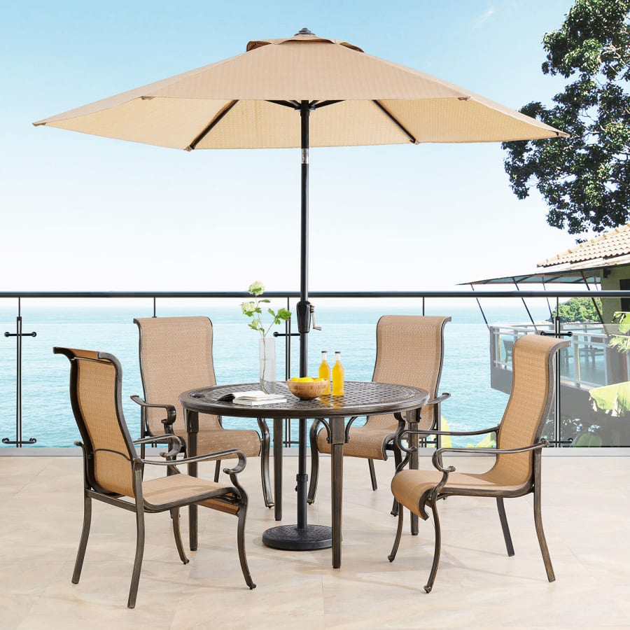 Hanover Brigantine 5 Piece Outdoor Patio Dining Set with 4 Chairs, Table, and Umbrella Bronze / Tan