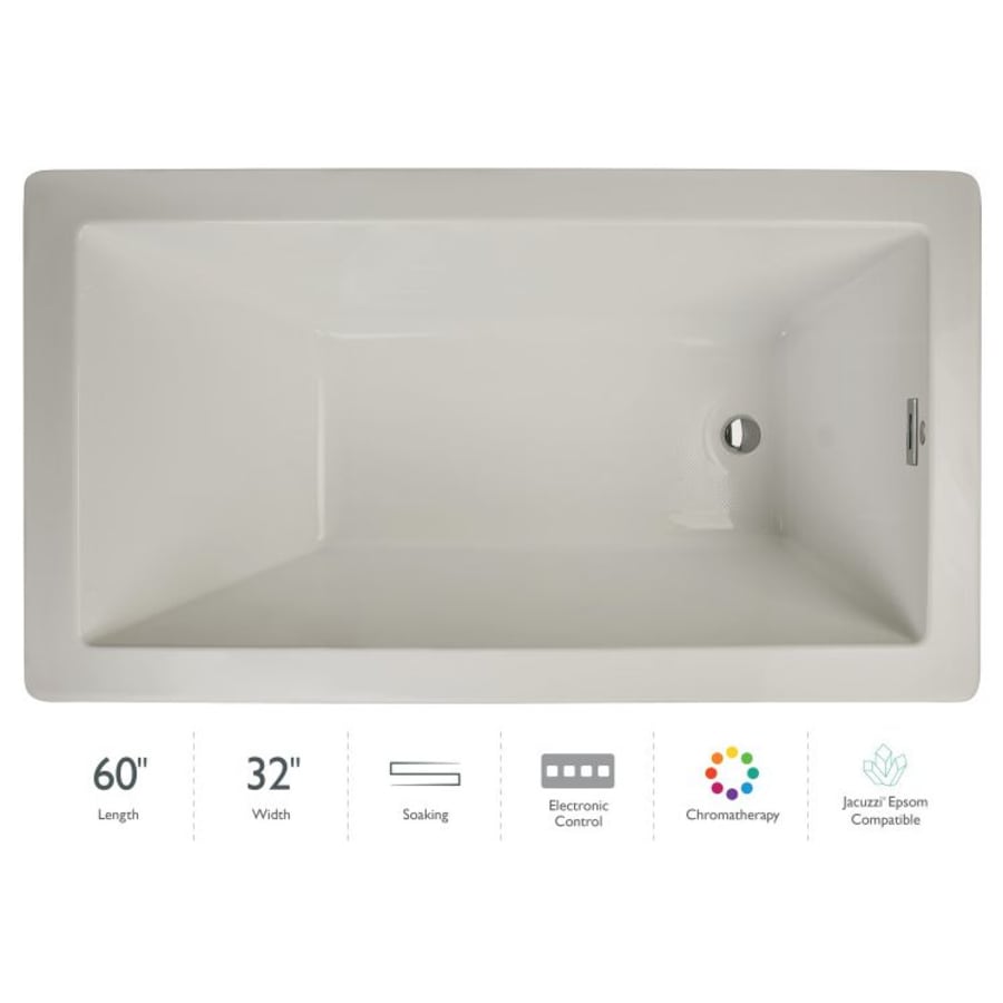Jacuzzi Elara Low Profile 60" x 32" Acrylic Soaking Bathtub for Drop-In Installations with Reversible Drain and Chromatherapy Lighting Oyster