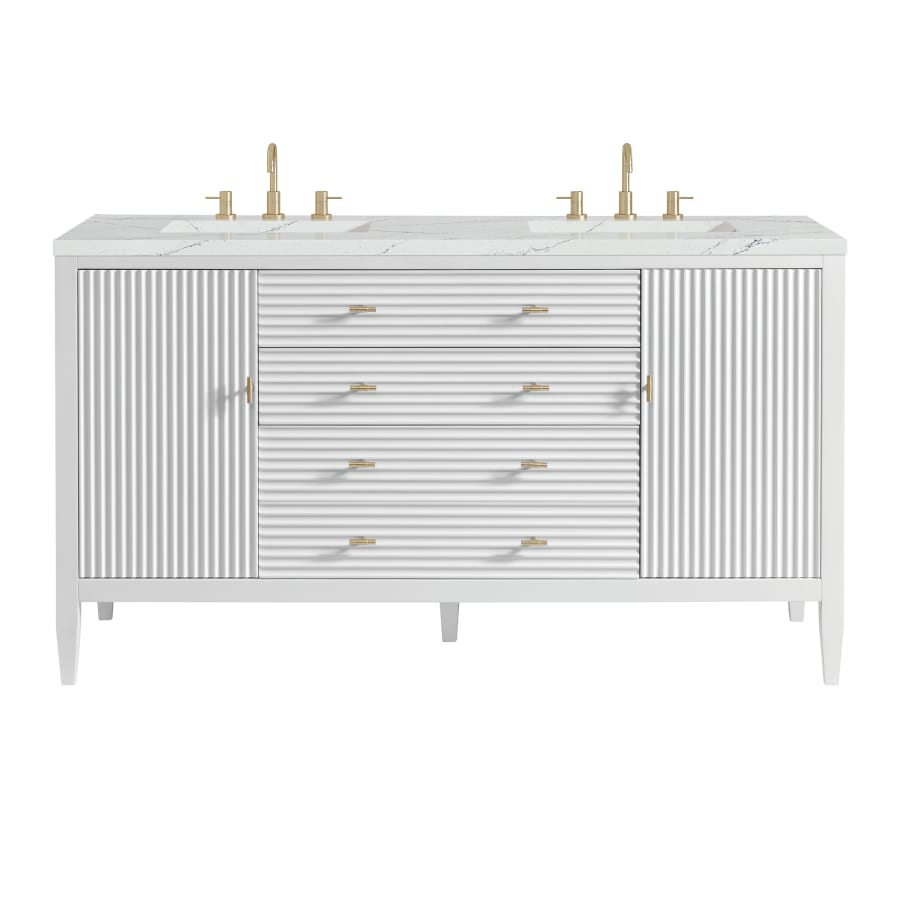 James Martin Vanities Myrrin 60" Double Basin Wood Vanity Set with 3cm Ethereal Noctis Silestone Quartz Vanity Top, Rectangular Sinks and Outlet - 8" Faucet Centers Bright White