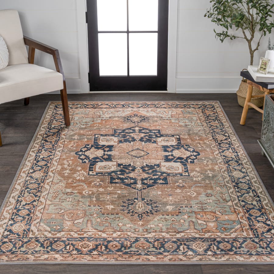 JONATHAN Y Lighting Washable 3' x 5' Chenille Vintage Indoor Area Rug Beige / Blue