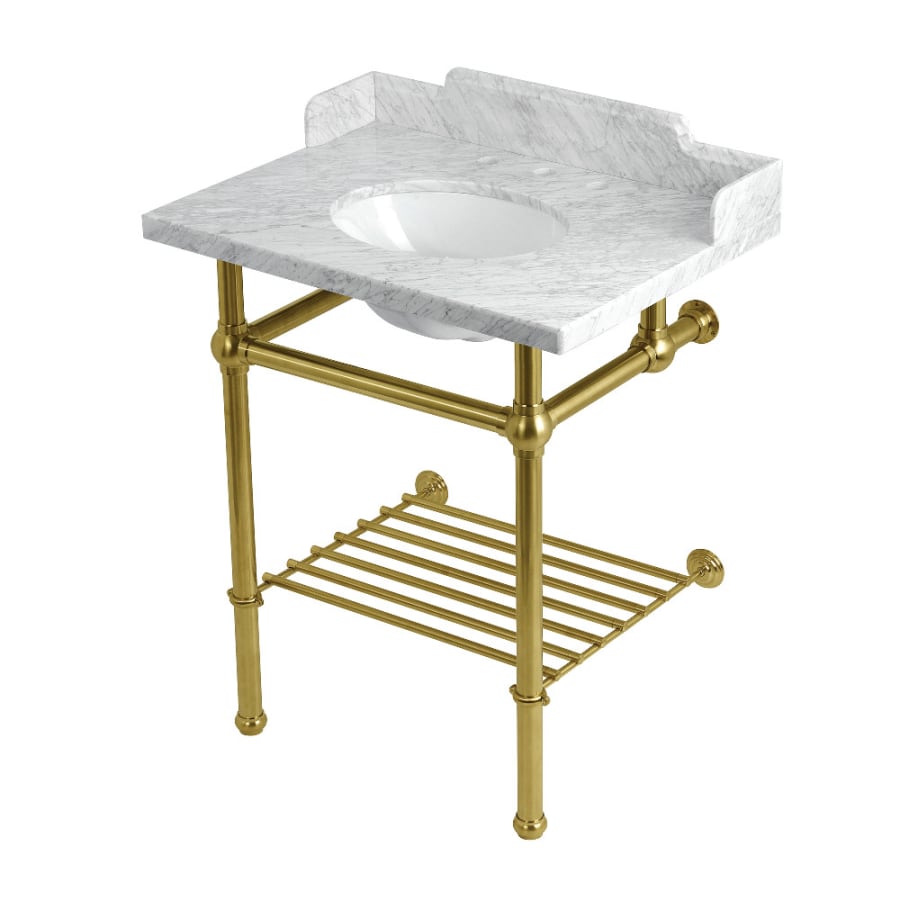 Kingston Brass Pemberton 30" Rectangular Brass, Marble, Stainless Steel Console Bathroom Sink with Overflow and 3 Faucet Holes at 8" Centers Marble White / Brushed Brass