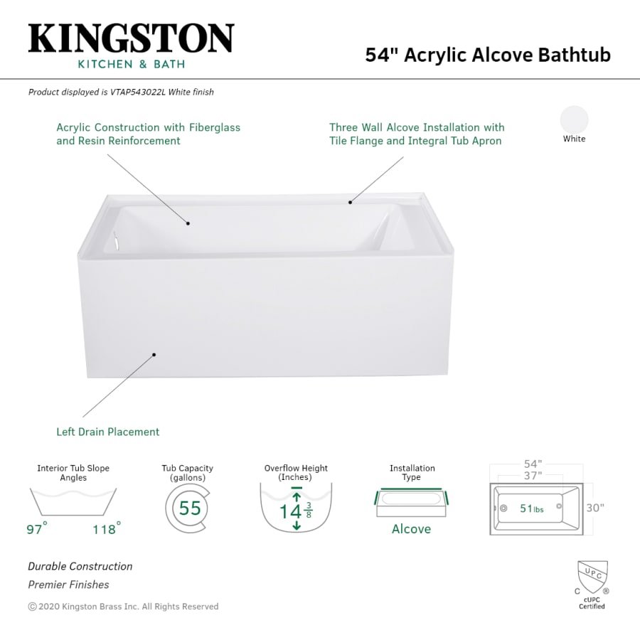 Aqua Eden 54 Inch Acrylic Alcove Tub with Left Hand Drain White Kingston Brass VTAP543022L