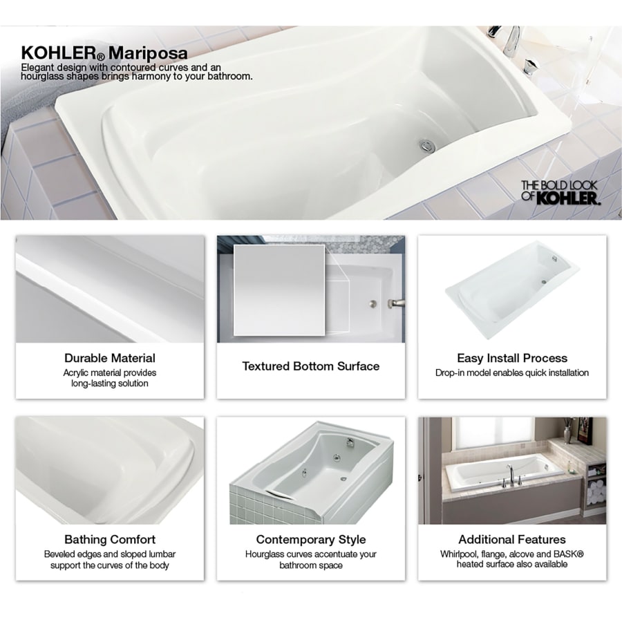 KOHLER Mariposa 66 in. Rectangular Drop-in Whirlpool Bathtub in White