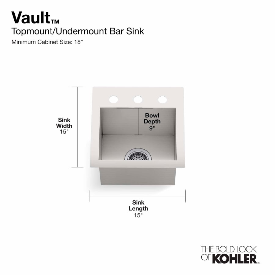 Kohler K 3840 3 NA Vault 15 Drop In or Undermount Single Build