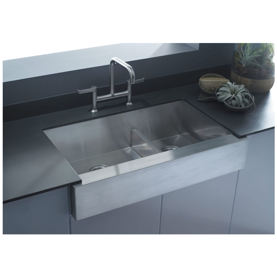 Vault Farmhouse Apron Front Smart Divide Undermount Stainless Steel 36 in. Double Bowl Kitchen Sink Kit with Basin Rack