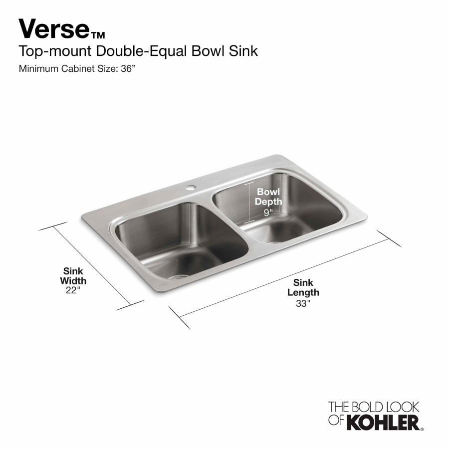 KOHLER Verse Drop-In Stainless Steel 33 in. 1-Hole 50/50 Double Bowl Kitchen Sink