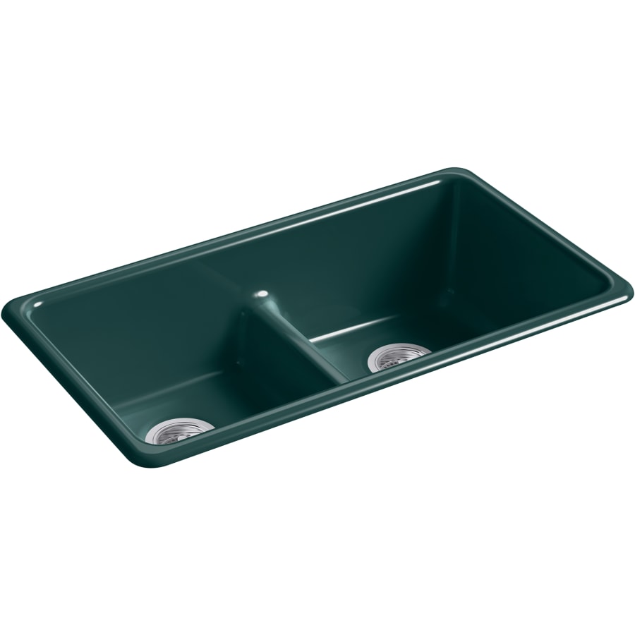 KOHLER Iron/Tones 33 in. Drop-In/Undermount Double Bowl Teal Cast Iron Kitchen Sink