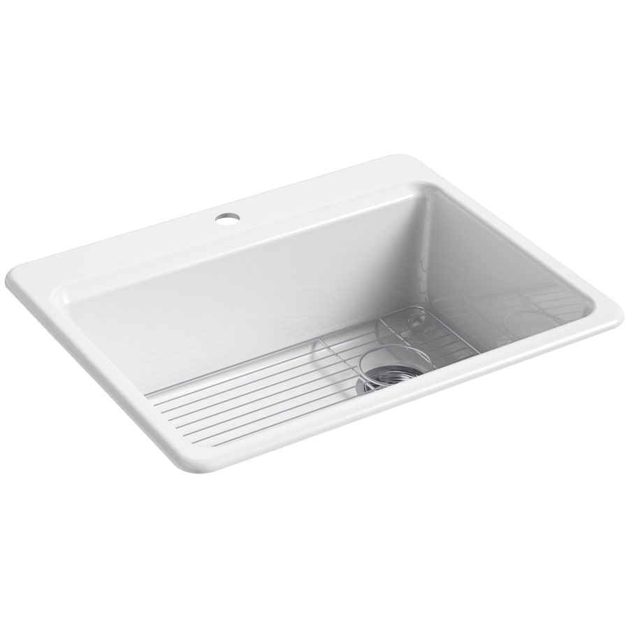 Kohler Riverby 27" Single Basin Cast Iron Kitchen Sink for Drop In Installations - Basin Rack Included White