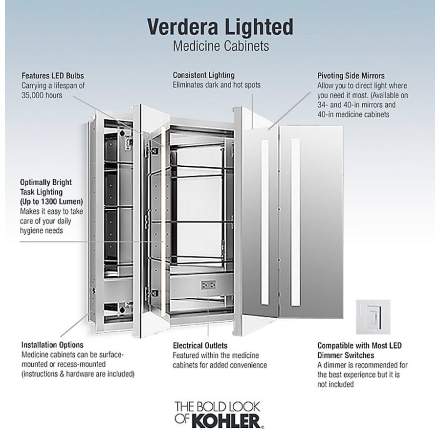 Kohler 99011 TLC NA Verdera Lighted Medicine Cabinet 40 W x 30 H