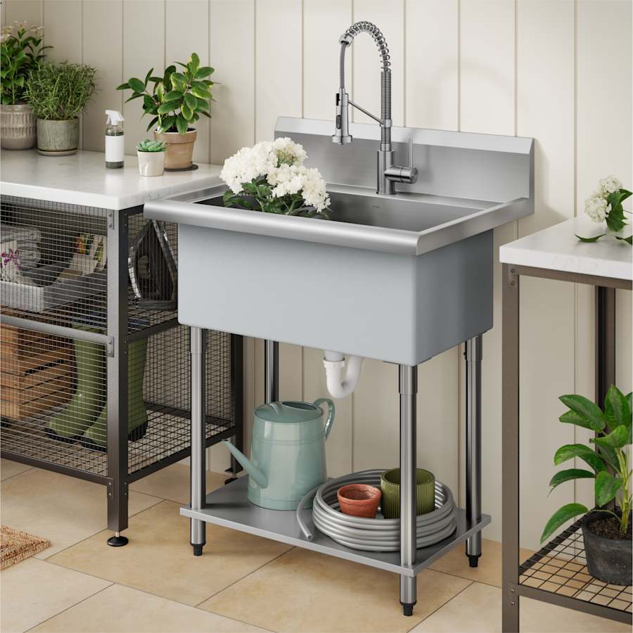 Kraus KHS230-32 Standart Pro 32" Free Standing Single Basin Stainless Steel Utility Sink with Drain Assembly | Ferguson Home