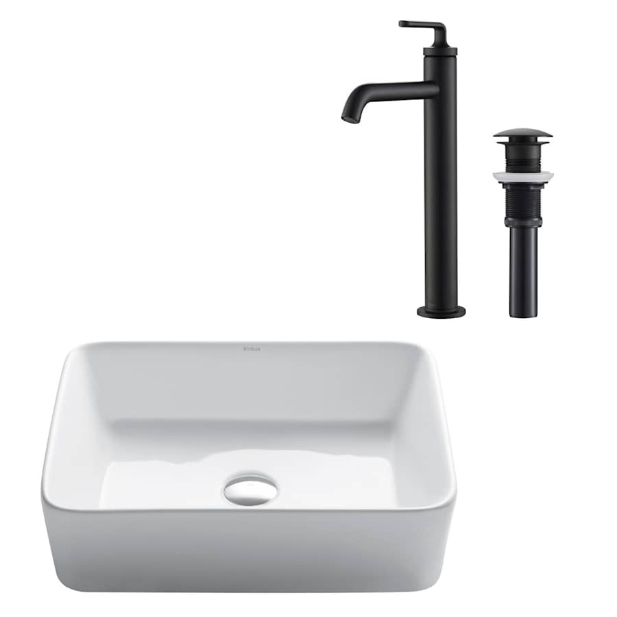 Kraus Elavo 19-1/4" Vitreous China Bathroom Sink with 1.2 GPM Deck Mounted Bathroom Faucet and Pop-Up Drain Assembly Matte Black