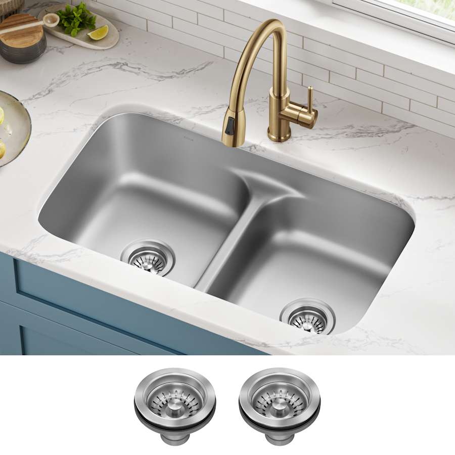 HOUZER Houzer Eston 31 In. Stainless Steel Undermount 50/50 Double Bowl Kitchen Sink With Strainer And Grid - STD-2100-C STD-2100-C - The Home Depot