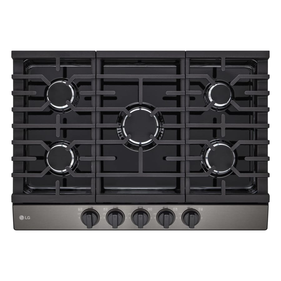 LG 30 Inch Wide 5 Burner Natural Gas Cooktop with Top Mounted Controls and Continuous Cast-Iron Grates Black Stainless Steel