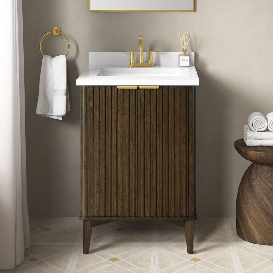 Miseno Indy 24" Free Standing Single Basin Vanity Set with Cabinet and Cultured Marble Vanity Top Dark Walnut / White Engineered Marble