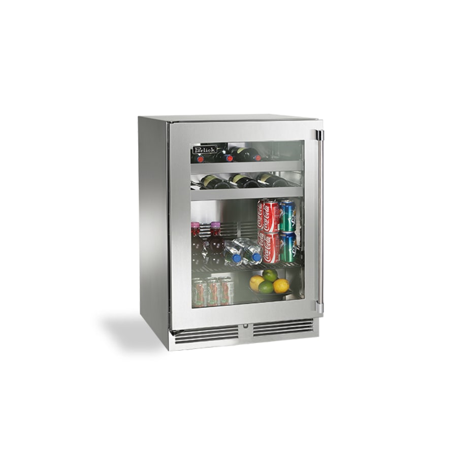 Perlick 24 Inch Wide 62 Can Capacity Energy Star Rated Beverage Center with Left Hinge and Door Lock Stainless Steel Framed Glass
