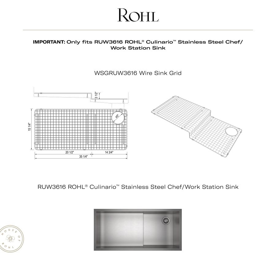 ROHL Stainless Steel Bottom Grid for RUW3616 Sink