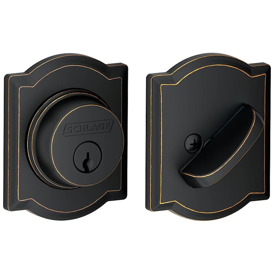 Schlage Single Cylinder Keyed Entry Grade 1 Deadbolt with Decorative Camelot Rose from the B-Series Aged Bronze