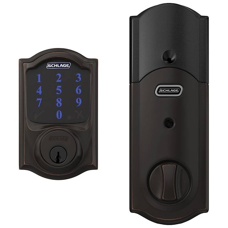 Schlage Connect Camelot Touchscreen Electronic Deadbolt with Built-in Alarm and Z-Wave Plus Technology Aged Bronze