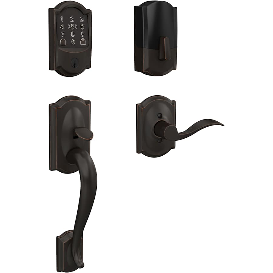 Schlage Encode Plus Camelot Right Handed Sectional Electronic Keyless Entry Handleset with Accent Interior Lever and Decorative Camelot Trim Aged Bronze