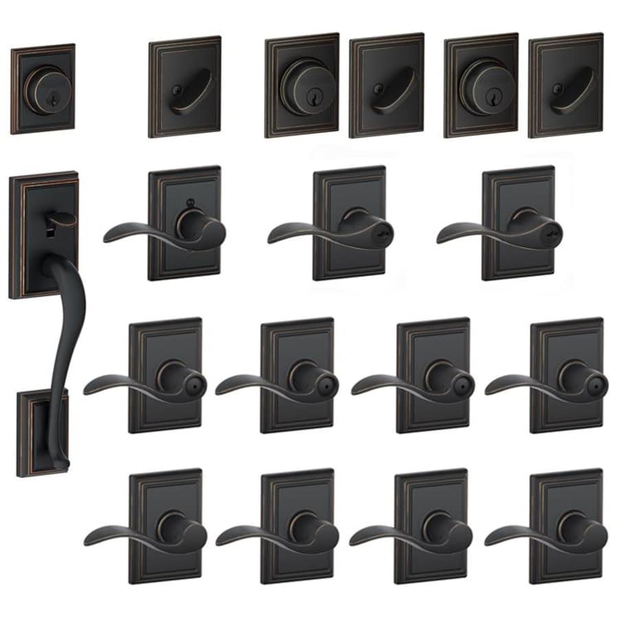 Schlage Addison Complete House Door Hardware Package with Accent Interior Levers Right Handed Exterior Front Door Handleset Aged Bronze