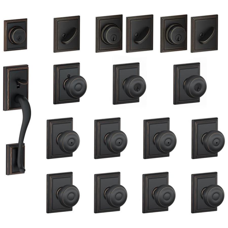 Schlage Addison Complete House Door Hardware Package with Georgian Interior Knobs and Single Cylinder Exterior Front Door Handleset Aged Bronze
