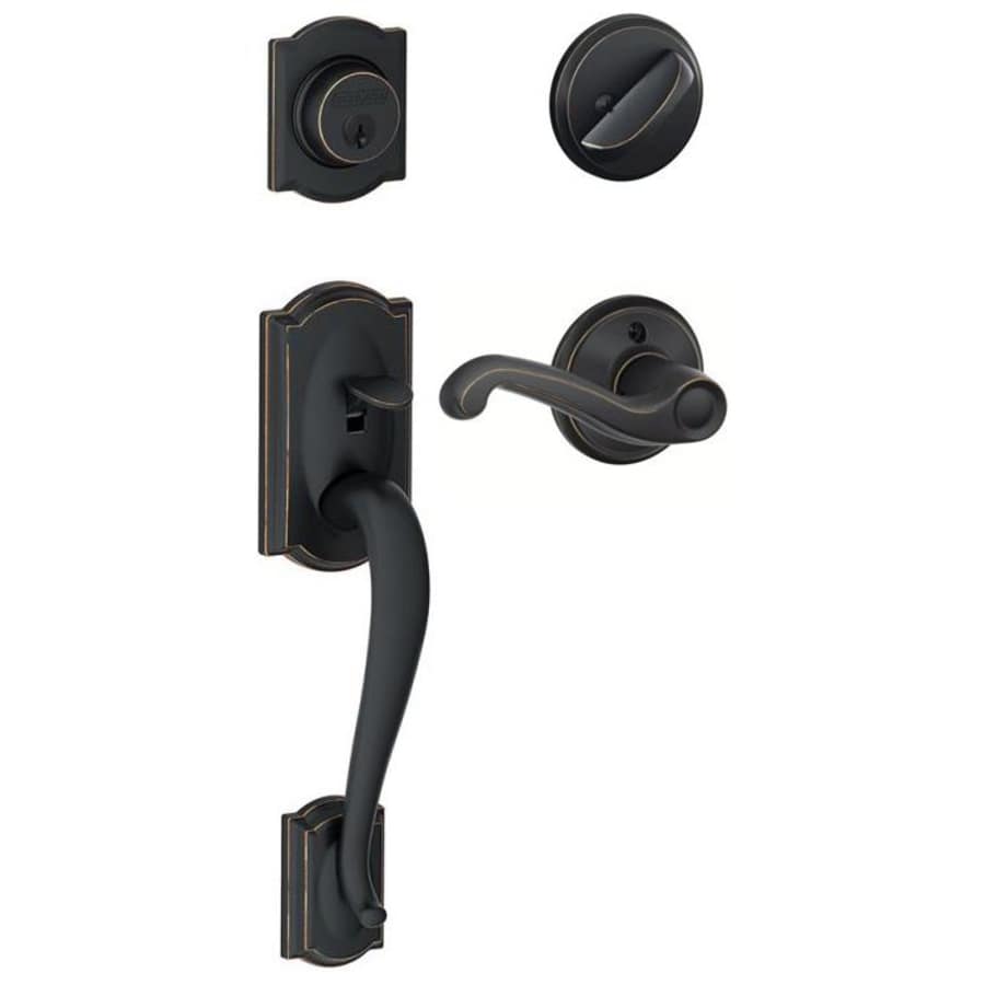 Schlage Camelot Right Handed Sectional Single Cylinder Keyed Entry Handleset with Flair Lever Aged Bronze