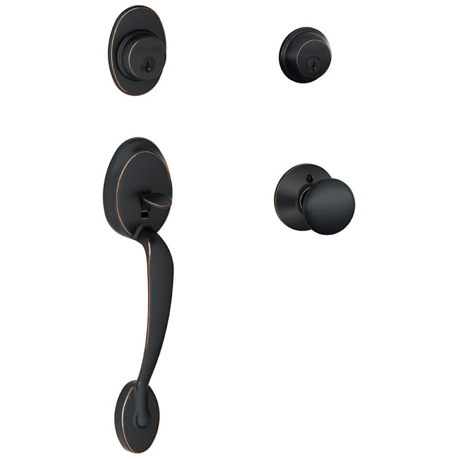 Schlage Plymouth Double Cylinder Handleset with Plymouth Interior Knob from the F-Series Aged Bronze