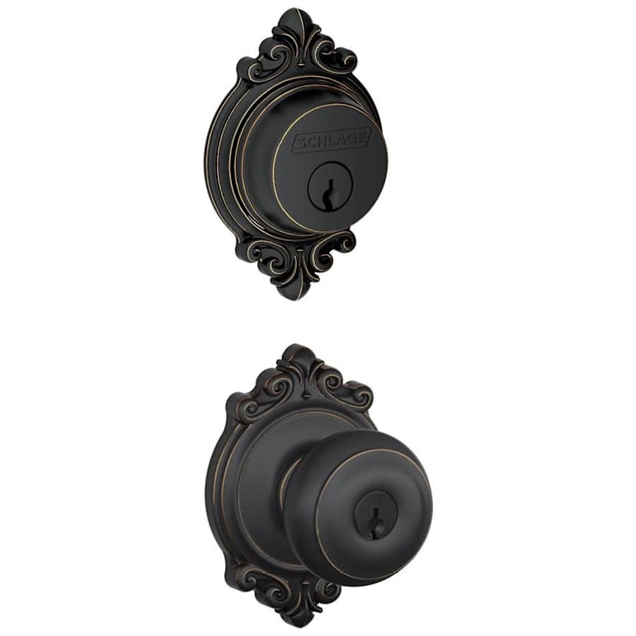 Schlage Georgian Single Cylinder Keyed Entry Door Knob Set and Brookshire Deadbolt Combo with Brookshire Rose Aged Bronze