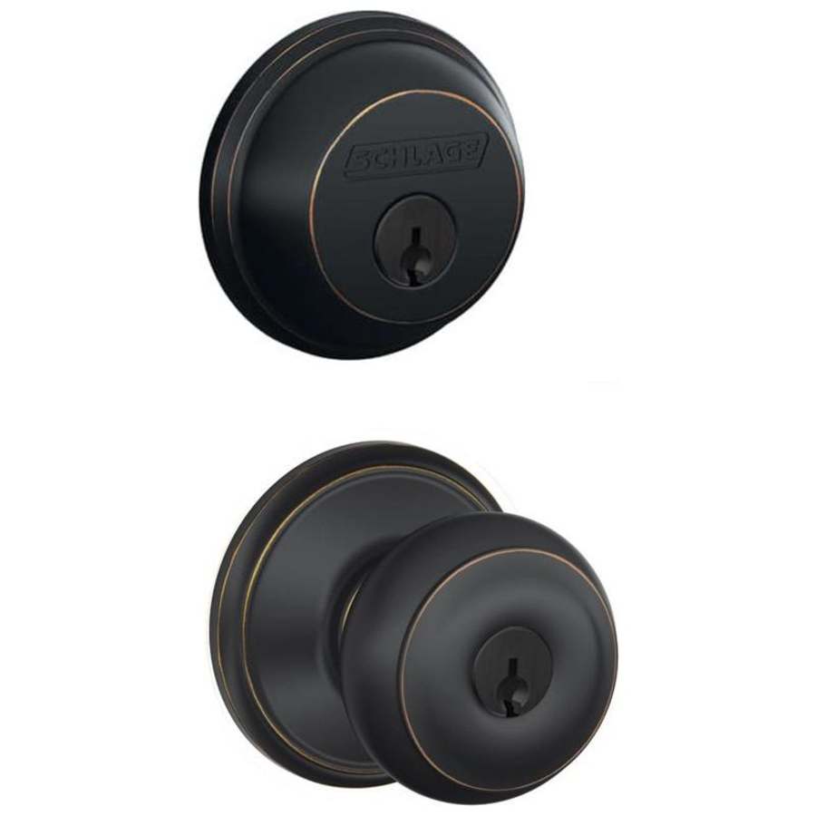 Schlage Georgian Single Cylinder Keyed Entry Door Knob Set and Deadbolt Combo Aged Bronze