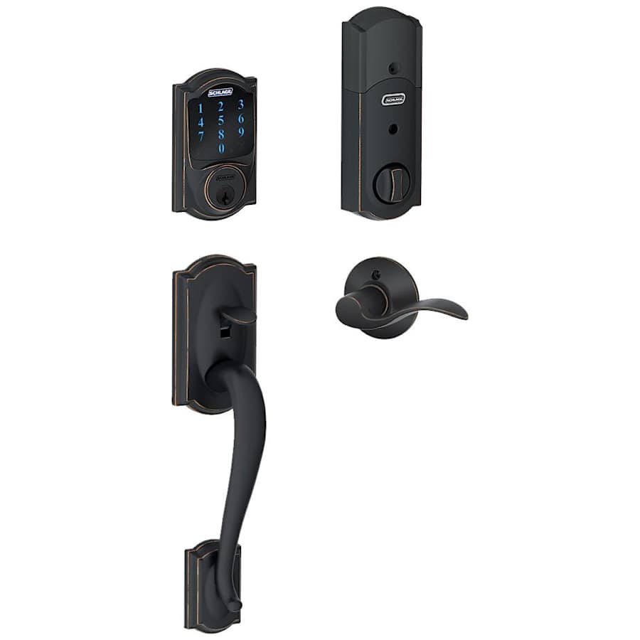Schlage Connect Camelot Touchscreen Handleset with Accent Lever and Built-in Alarm - Left Handed Aged Bronze