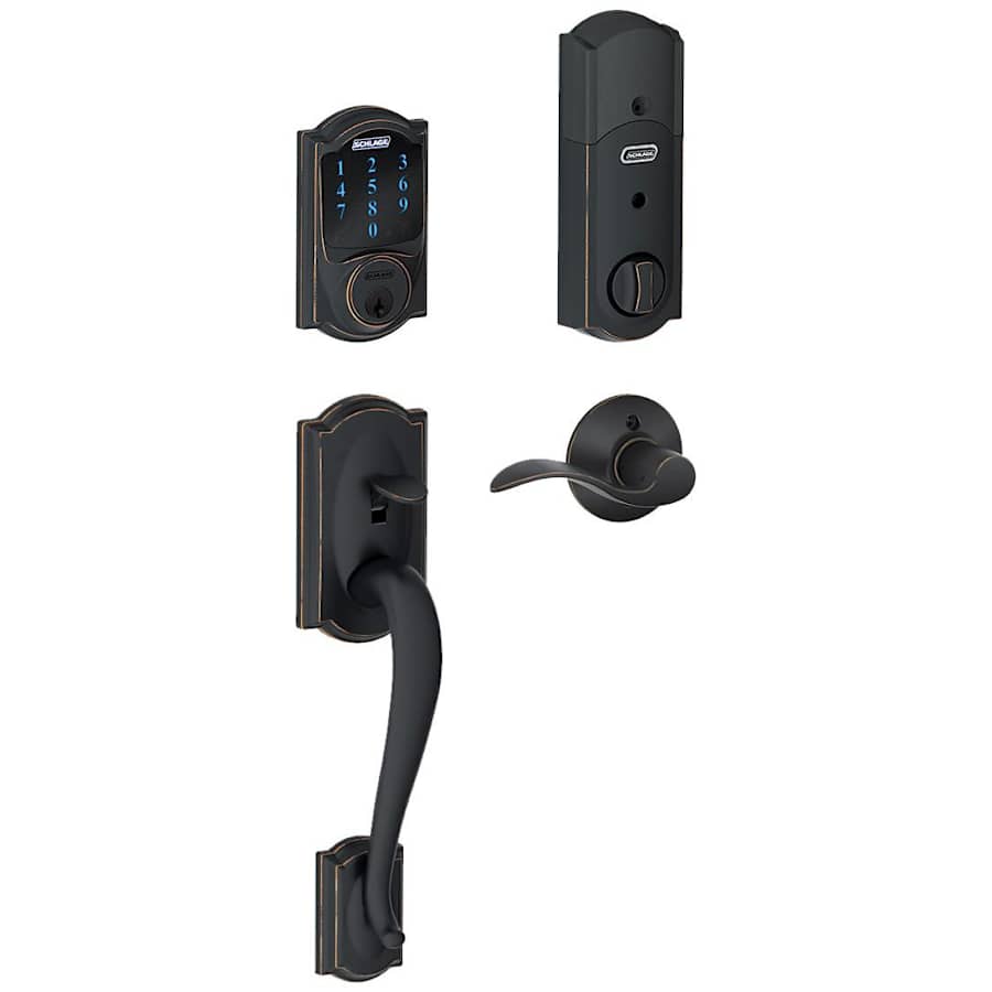 Schlage Connect Camelot Touchscreen Handleset with Accent Lever and Built-in Alarm - Right Handed Aged Bronze