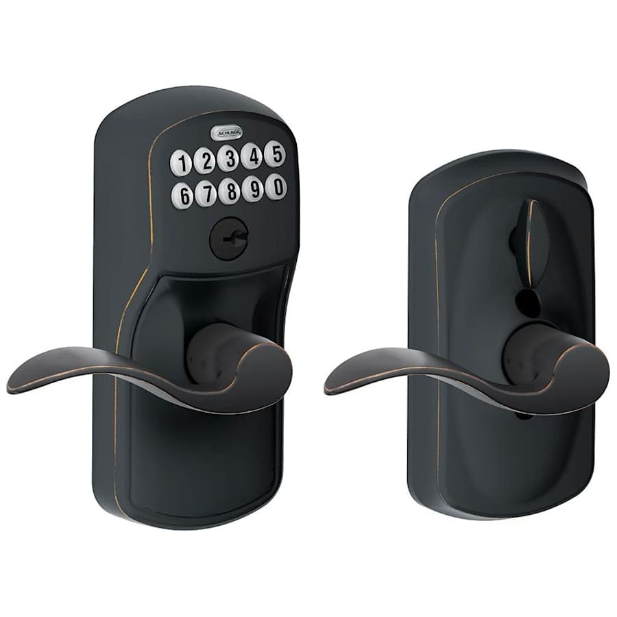 Schlage Keypad Entry Lock Leverset with Flex Lock and Accent Lever from the Plymouth Collection Aged Bronze