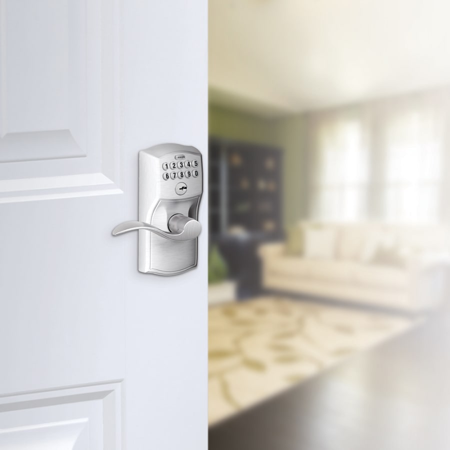 Schlage's FE595-CAM-ACC in Satin Chrome on door.