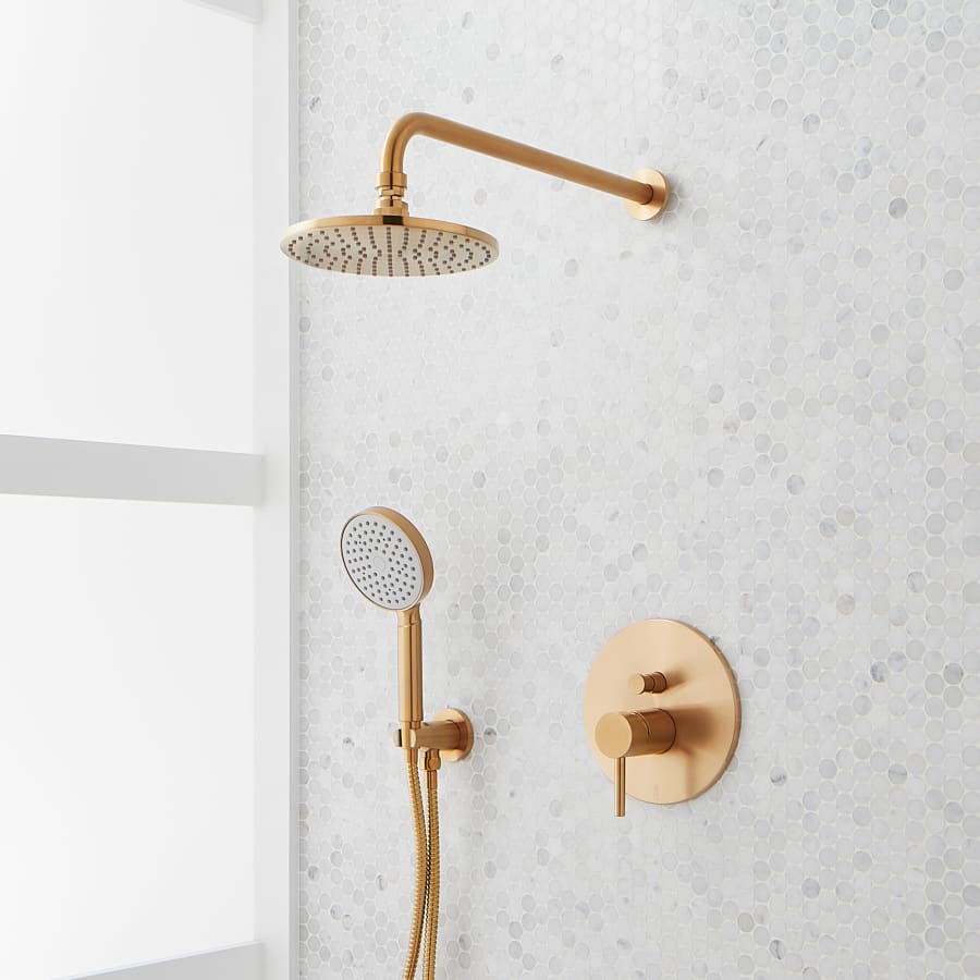 Signature Hardware Lattimore Pressure Balanced Shower System with Rainfall Shower Head and Hand Shower - Rough-In Valve Included Brushed Gold