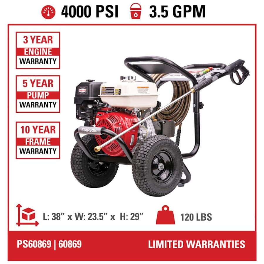 Simpson 60869 4000 PSI 3.5 GPM Gas Powered Cold Water Pressure
