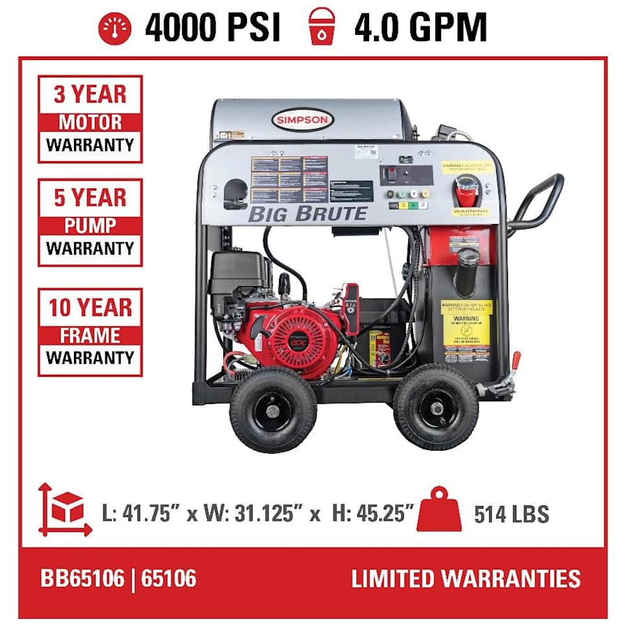 Simpson 65106 4000 PSI 4 GPM Gas Powered Cold / Hot Water Pressure